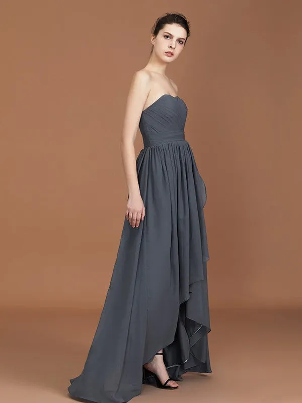 A-Line/Princess Asymmetrical Sleeveless Ruched Sweetheart Floor-Length Chiffon Bridesmaid Dresses