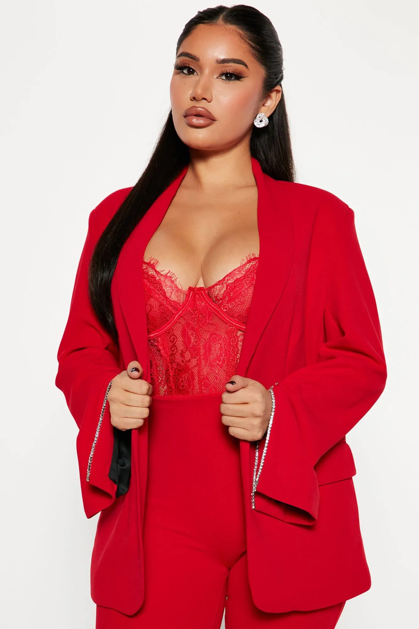 Alyssa Rhinestone Blazer Pant Set - Red