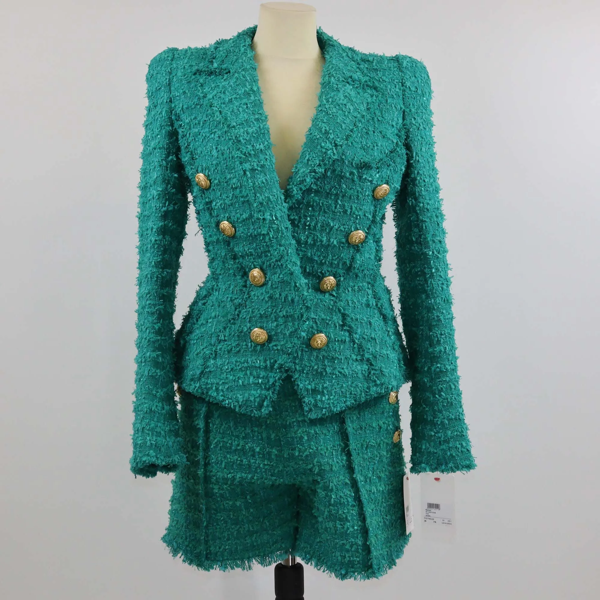 Balmain Green Double Breasted Tweed Blazer & Short Set