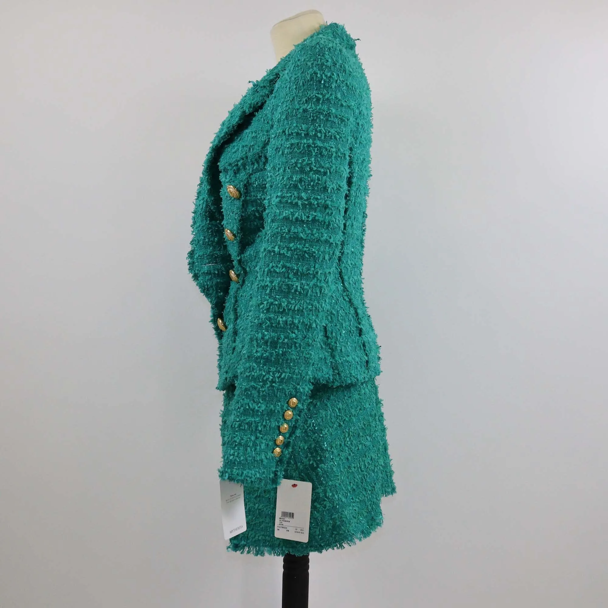 Balmain Green Double Breasted Tweed Blazer & Short Set