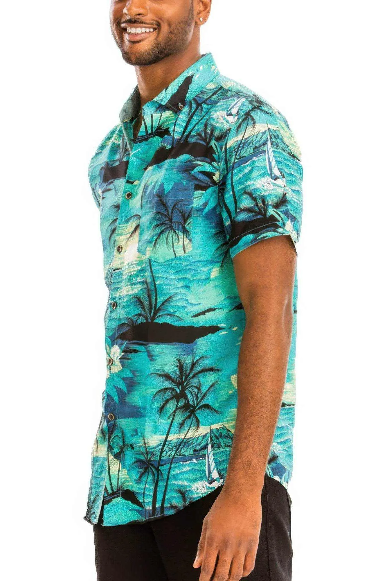 Blue Hawaiian Print Button Down Shirt