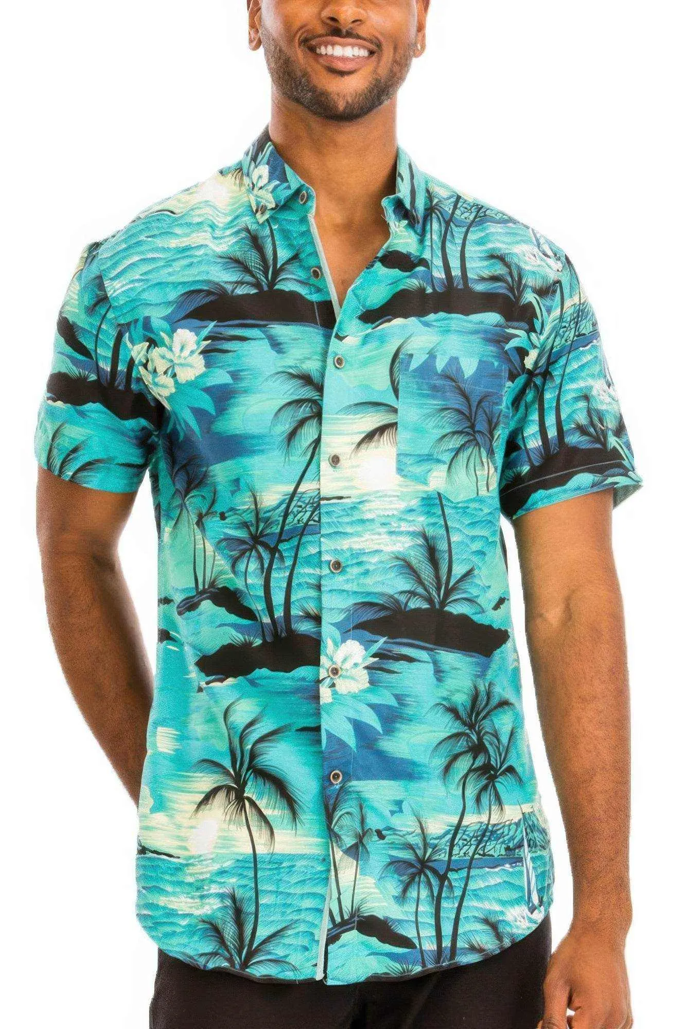 Blue Hawaiian Print Button Down Shirt