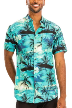 Blue Hawaiian Print Button Down Shirt
