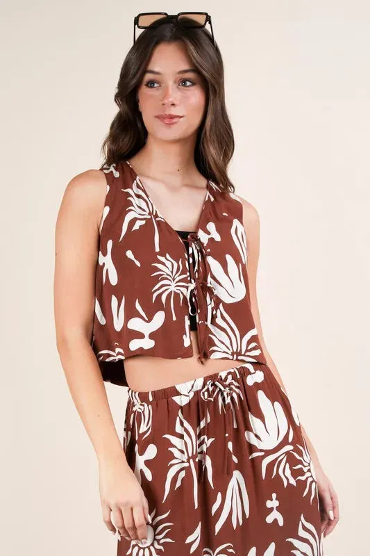 Brown Tropical Print Tie Front Resort Crop Top