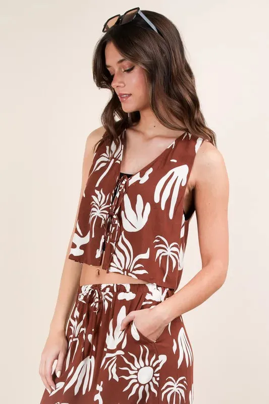 Brown Tropical Print Tie Front Resort Crop Top