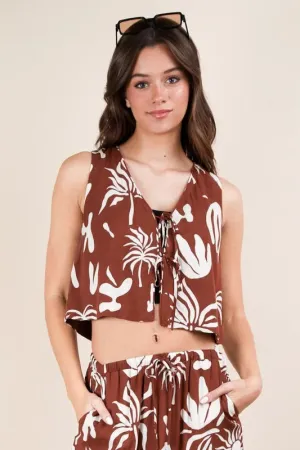 Brown Tropical Print Tie Front Resort Crop Top