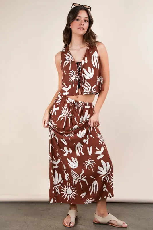 Brown Tropical Print Tie Front Resort Crop Top