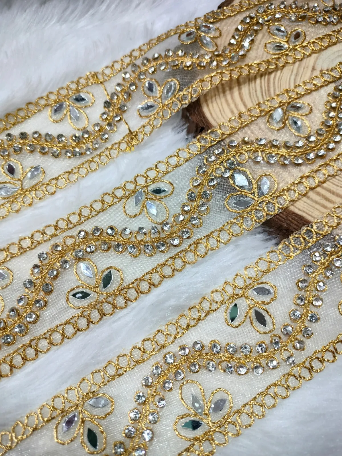 Golden Embellished Stone And Mirror Trim