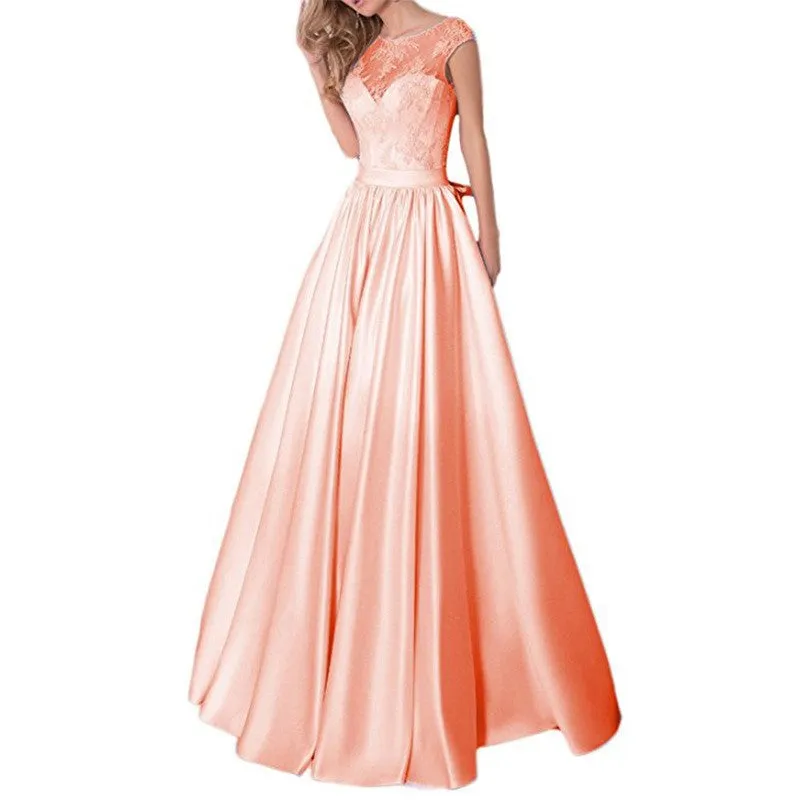 Lace A Line Bridesmaid Dress Cap Sleeve Satin Wedding Guest Dress Prom Gowns