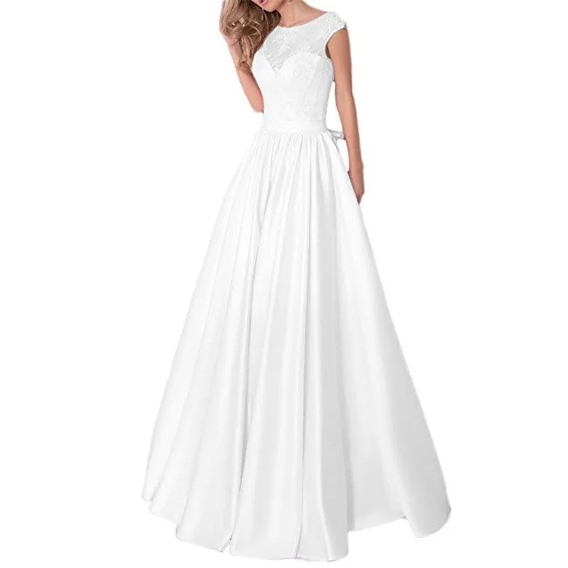 Lace A Line Bridesmaid Dress Cap Sleeve Satin Wedding Guest Dress Prom Gowns