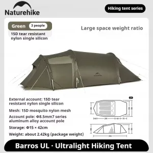 Opalus UL Tunnel Tent 2-3 Person 15D Nylon 4 Season Hiking Tent Lightweight Large Space Outdoor Travel Camping Tent