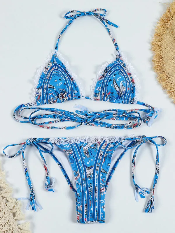 Wireless Tri Bra and Bikini String - 2 Piece Swimwear in Beads Parsley Print
