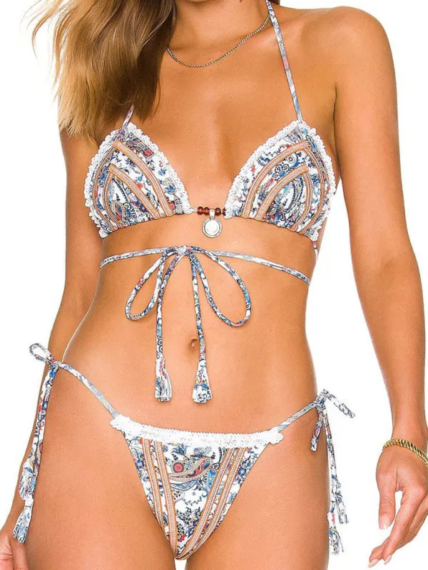 Wireless Tri Bra and Bikini String - 2 Piece Swimwear in Beads Parsley Print